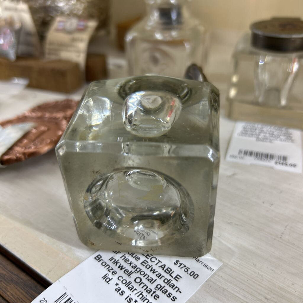 Antique Edwardian-ear hexagonal glass inkwell. Ornate Bronze collar/hinged lid. *as is*