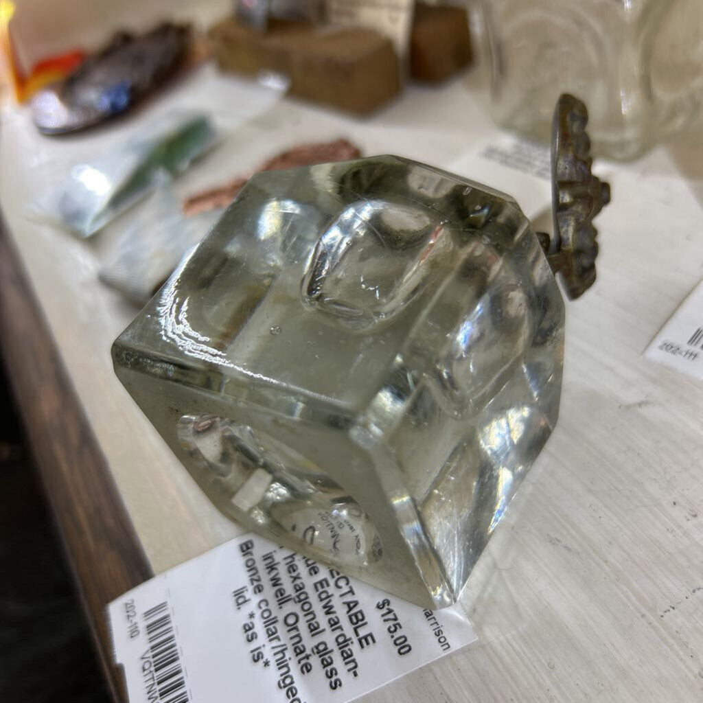 Antique Edwardian-ear hexagonal glass inkwell. Ornate Bronze collar/hinged lid. *as is*