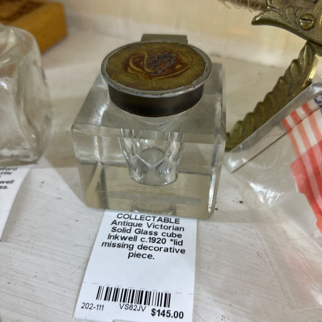 Antique Victorian Solid Glass cube Inkwell c.1920 *lid missing decorative piece.