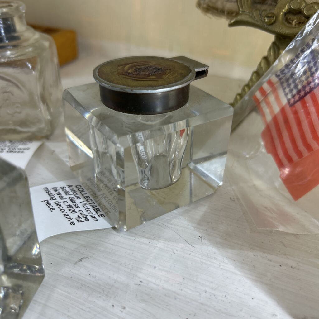 Antique Victorian Solid Glass cube Inkwell c.1920 *lid missing decorative piece.