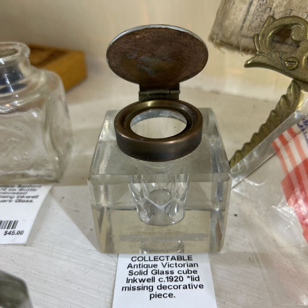 Antique Victorian Solid Glass cube Inkwell c.1920 *lid missing decorative piece.