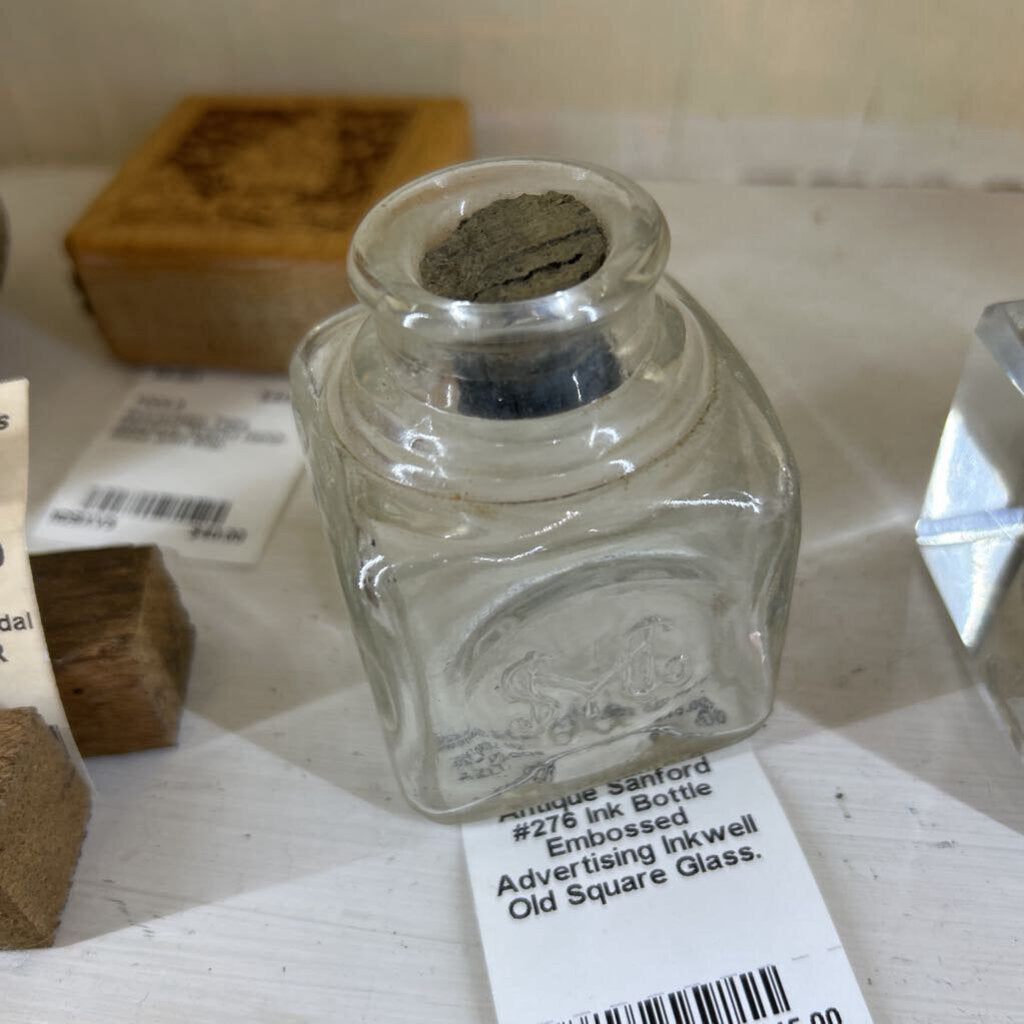 Antique Sanford #276 Ink Bottle Embossed Advertising Inkwell Old Square Glass.