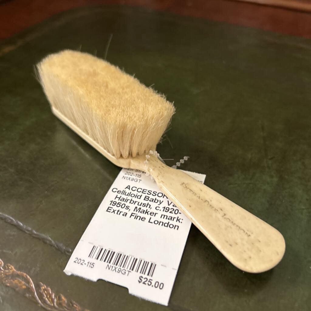 Celluloid Baby Vanity Hairbrush, c.1920-1950s, Maker mark: Extra Fine London