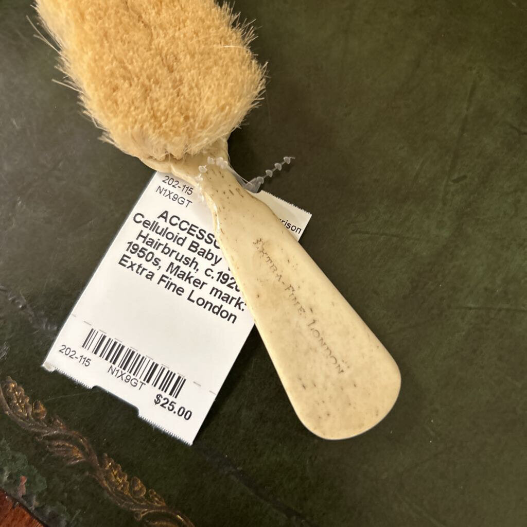 Celluloid Baby Vanity Hairbrush, c.1920-1950s, Maker mark: Extra Fine London