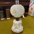 Antique Milk Glass Embossed, Hand Painted Floral. Oil Lamp.