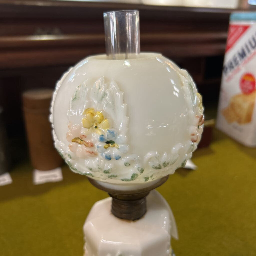 Antique Milk Glass Embossed, Hand Painted Floral. Oil Lamp.