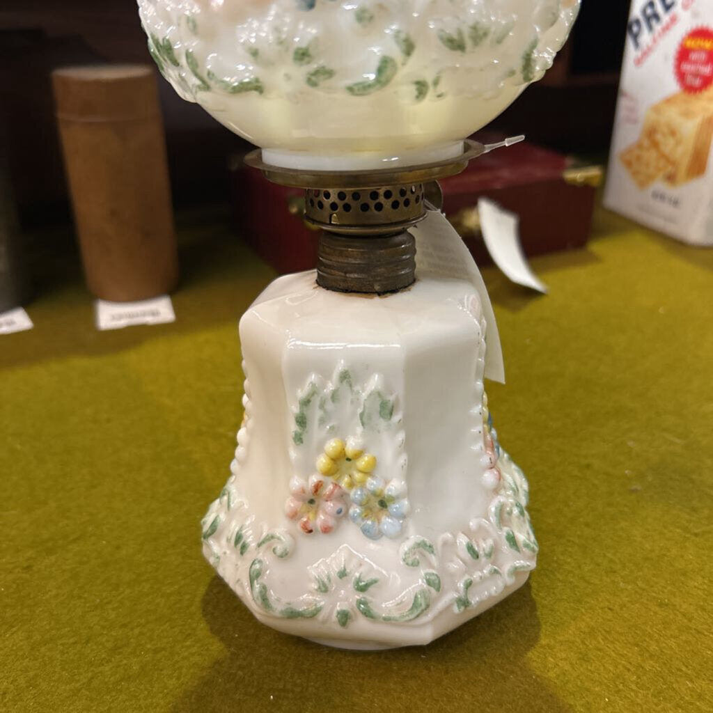 Antique Milk Glass Embossed, Hand Painted Floral. Oil Lamp.