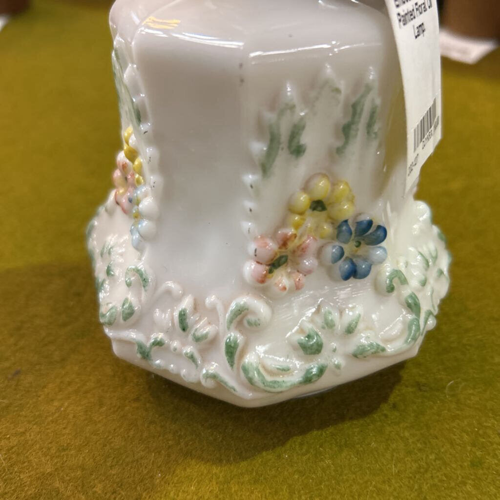 Antique Milk Glass Embossed, Hand Painted Floral. Oil Lamp.