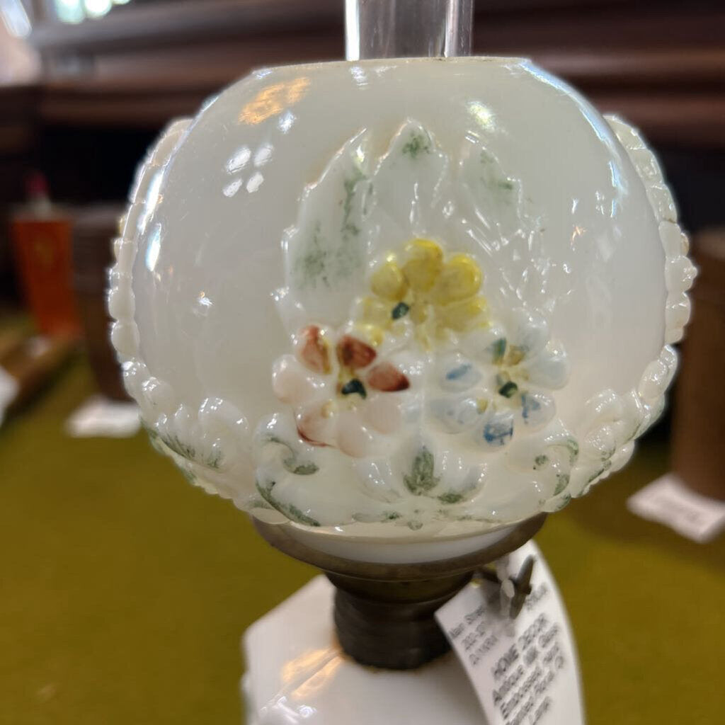 Antique Milk Glass Embossed, Hand Painted Floral. Oil Lamp.