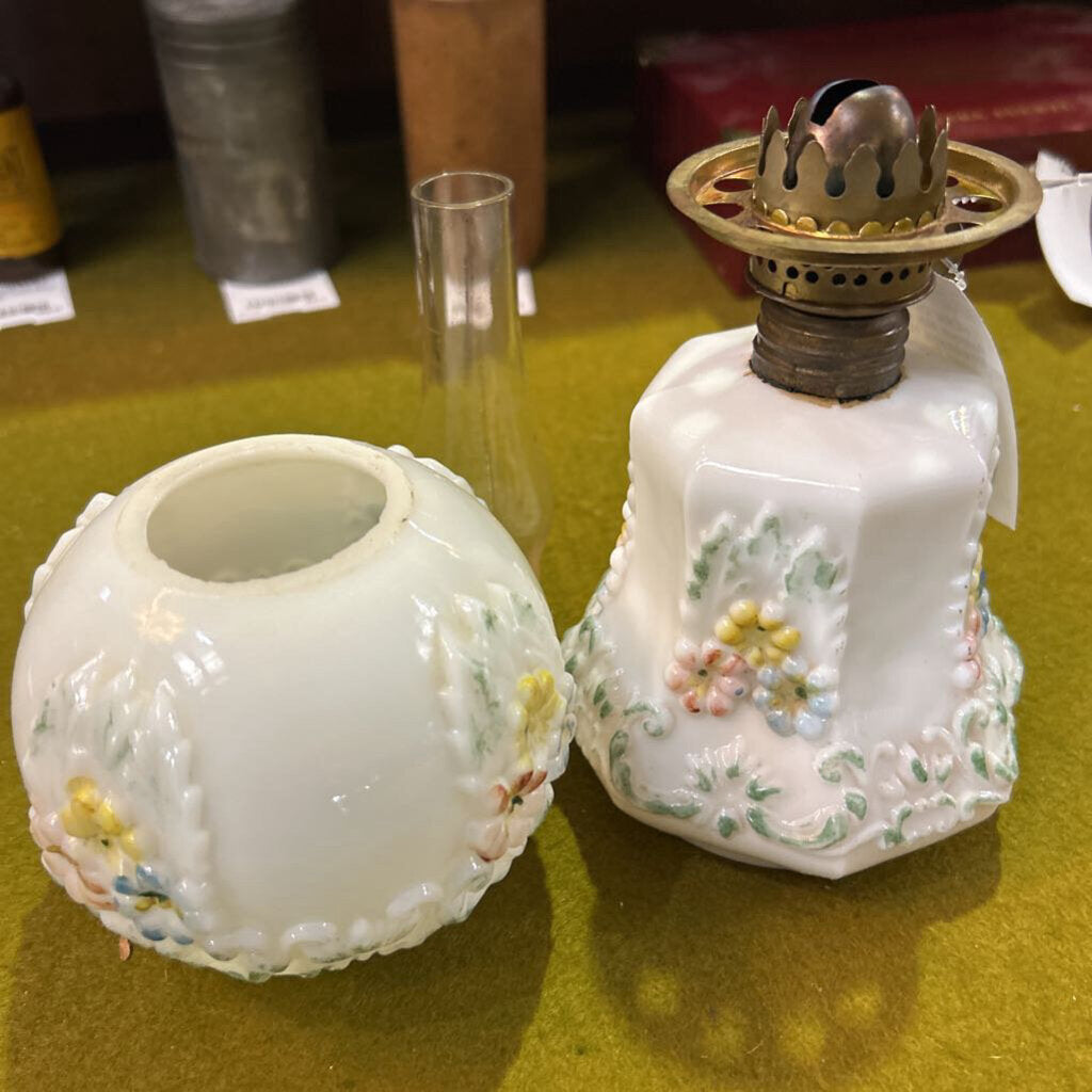 Antique Milk Glass Embossed, Hand Painted Floral. Oil Lamp.