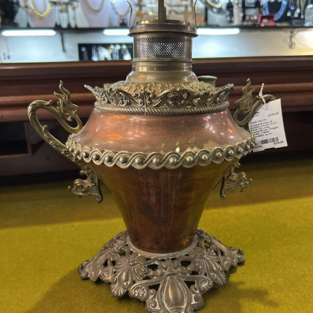 Antique Bradley & Hubbard Center Draft Parlor Oil Lamp, Copper/Brass, Dragon Handle, c.1890s *Condition as is*
