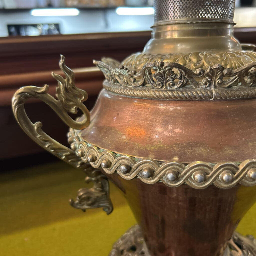 Antique Bradley & Hubbard Center Draft Parlor Oil Lamp, Copper/Brass, Dragon Handle, c.1890s *Condition as is*