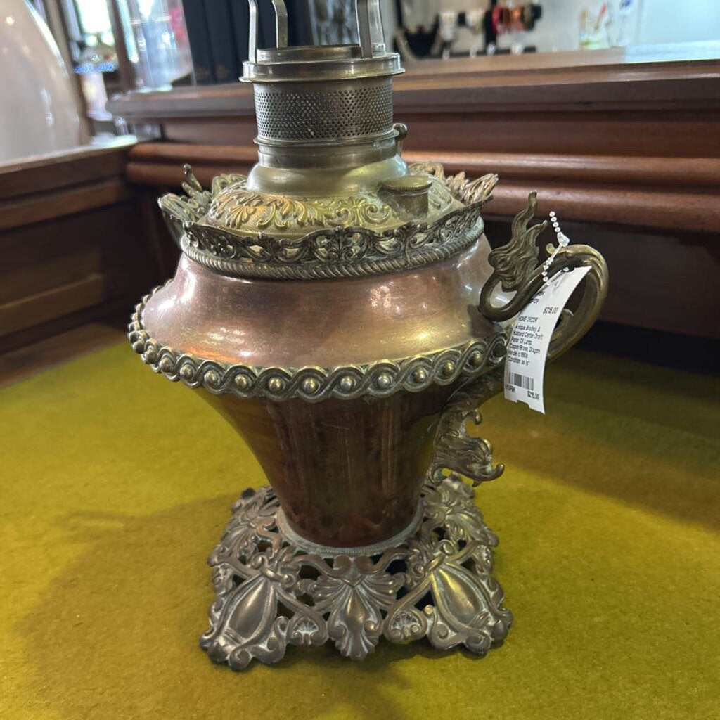 Antique Bradley & Hubbard Center Draft Parlor Oil Lamp, Copper/Brass, Dragon Handle, c.1890s *Condition as is*
