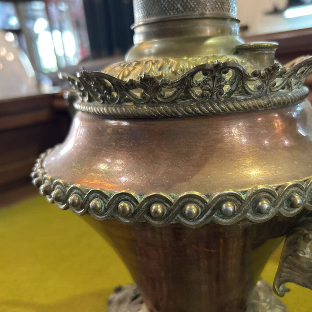 Antique Bradley & Hubbard Center Draft Parlor Oil Lamp, Copper/Brass, Dragon Handle, c.1890s *Condition as is*