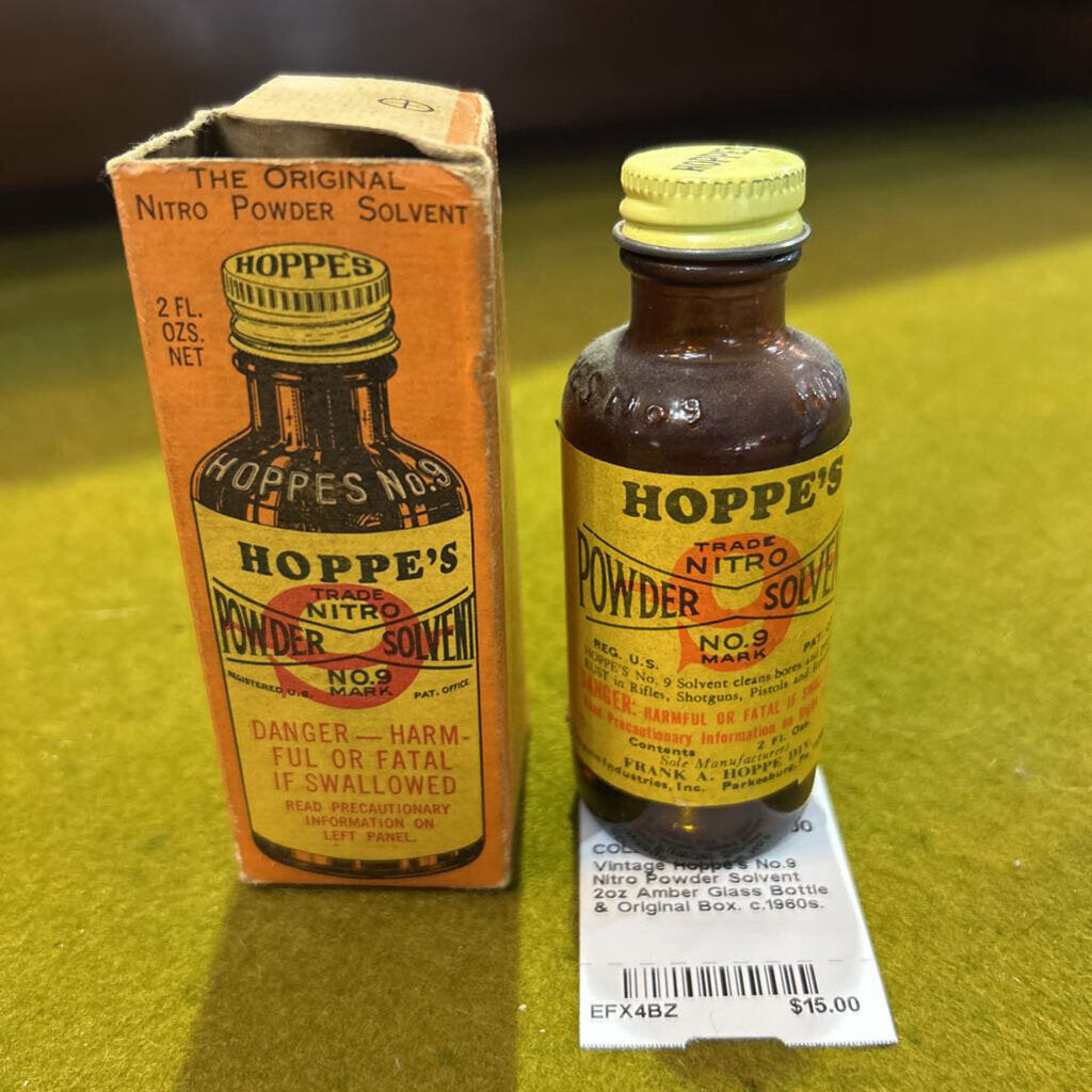 Vintage Hoppe's No.9 Nitro Powder Solvent 2oz Amber Glass Bottle & Original Box. c.1960s.