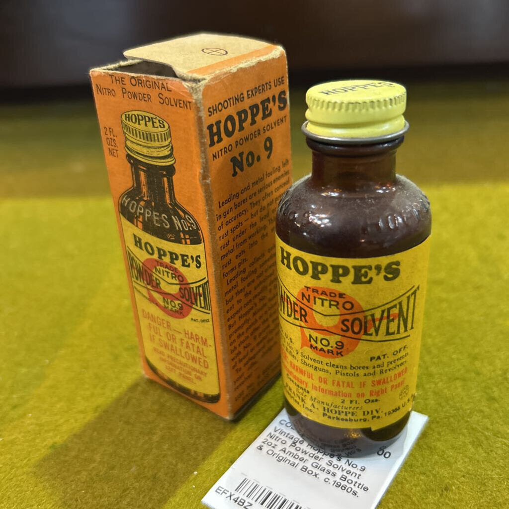 Vintage Hoppe's No.9 Nitro Powder Solvent 2oz Amber Glass Bottle & Original Box. c.1960s.