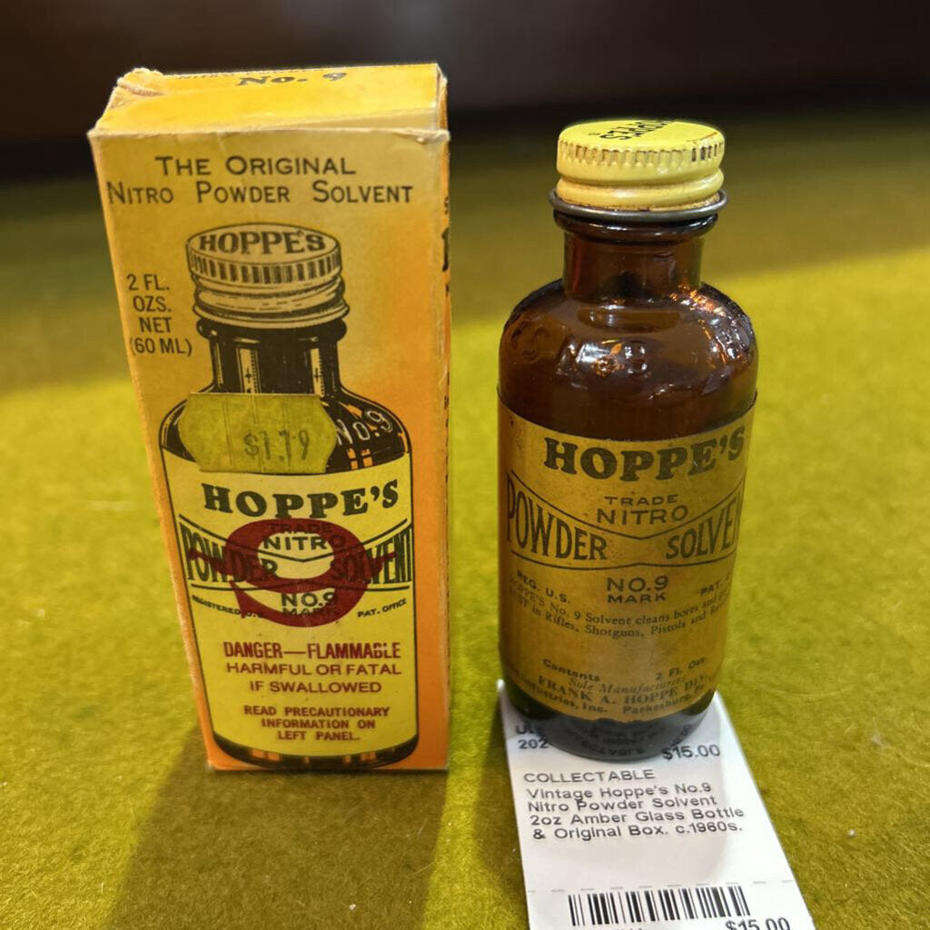 Vintage Hoppe's No.9 Nitro Powder Solvent 2oz Amber Glass Bottle & Original Box. c.1960s.