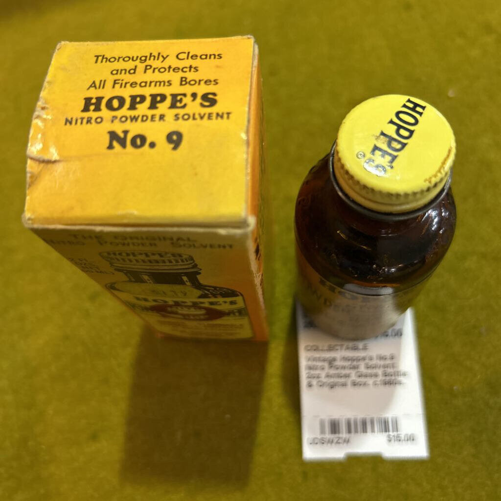 Vintage Hoppe's No.9 Nitro Powder Solvent 2oz Amber Glass Bottle & Original Box. c.1960s.