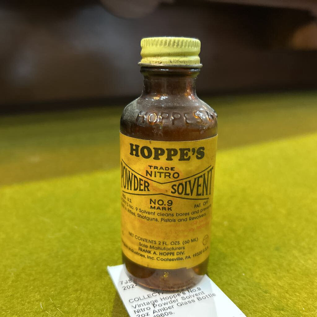 Vintage Hoppe's No.9 Nitro Powder Solvent 2oz Amber Glass Bottle & c.1960s.