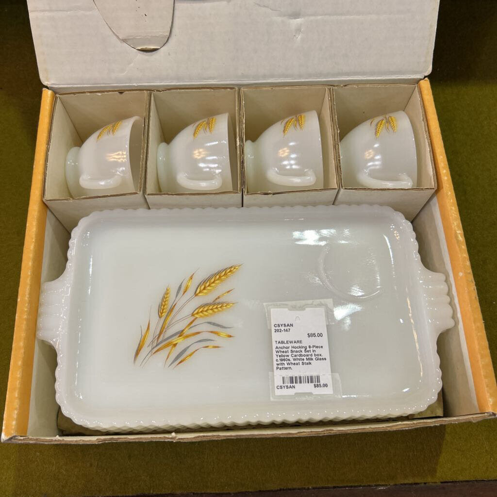 Anchor Hocking 8-Piece Wheat Snack Set in Yellow Cardboard box. c.1960s. White Milk Glass with Wheat Stalk Pattern.