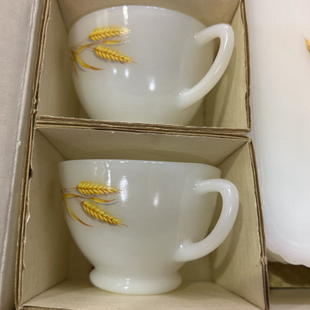 Anchor Hocking 8-Piece Wheat Snack Set in Yellow Cardboard box. c.1960s. White Milk Glass with Wheat Stalk Pattern.