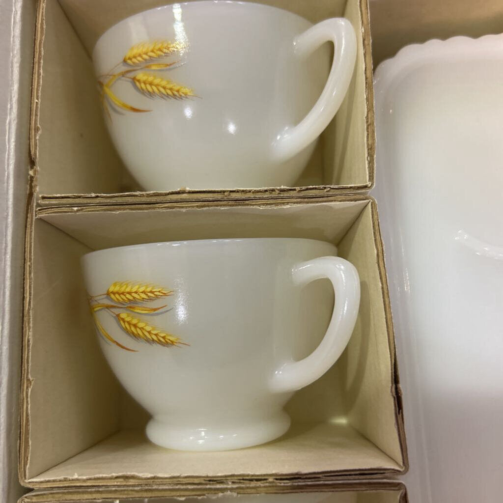 Anchor Hocking 8-Piece Wheat Snack Set in Yellow Cardboard box. c.1960s. White Milk Glass with Wheat Stalk Pattern.