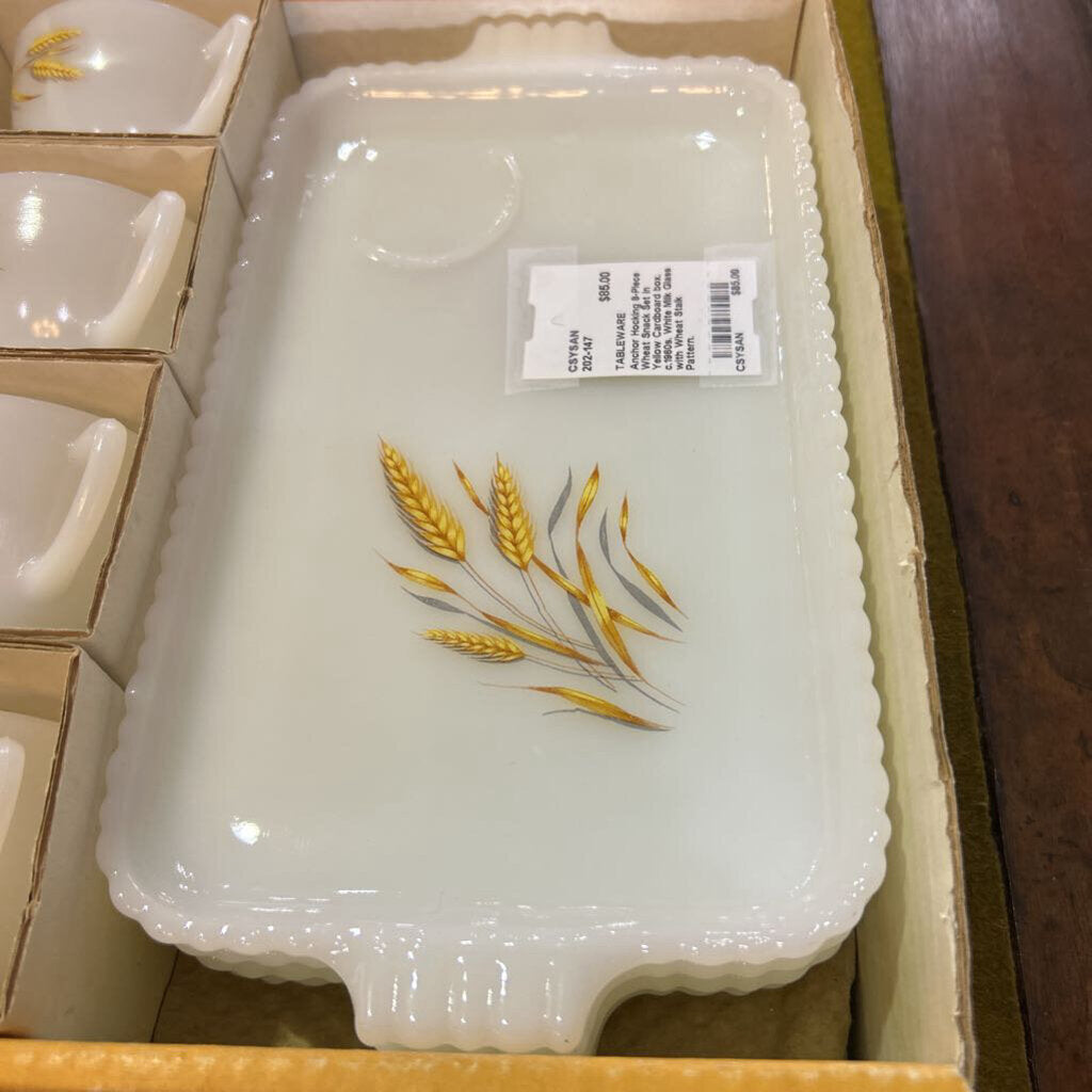 Anchor Hocking 8-Piece Wheat Snack Set in Yellow Cardboard box. c.1960s. White Milk Glass with Wheat Stalk Pattern.