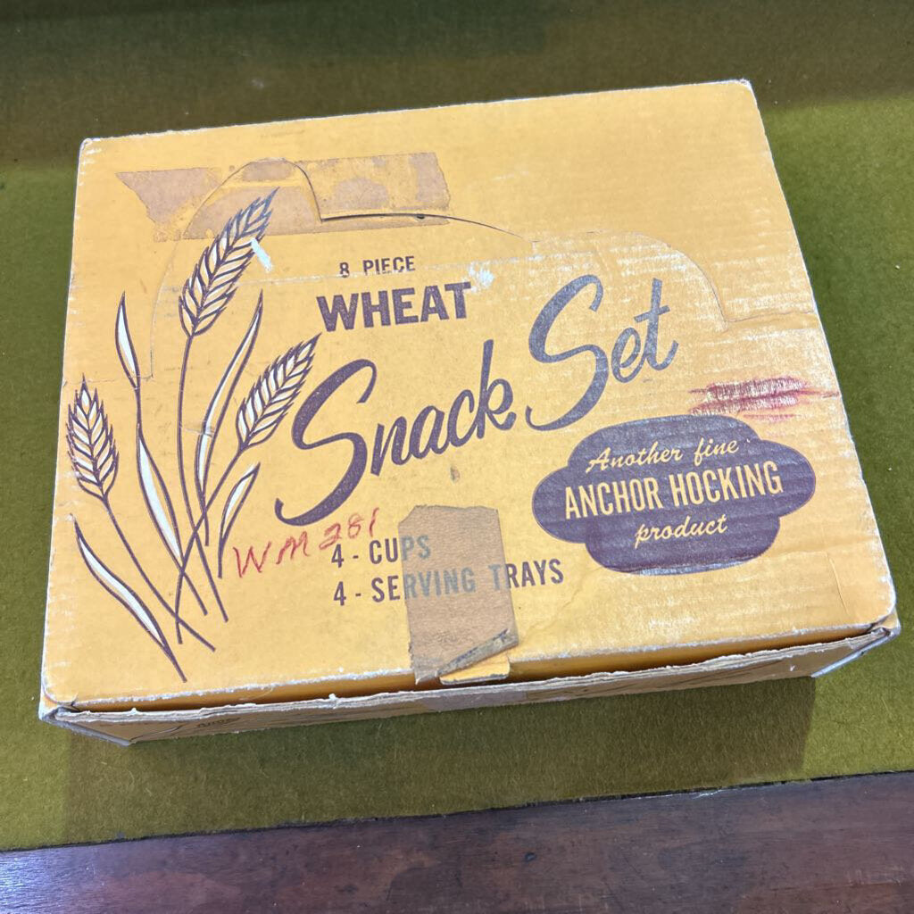 Anchor Hocking 8-Piece Wheat Snack Set in Yellow Cardboard box. c.1960s. White Milk Glass with Wheat Stalk Pattern.