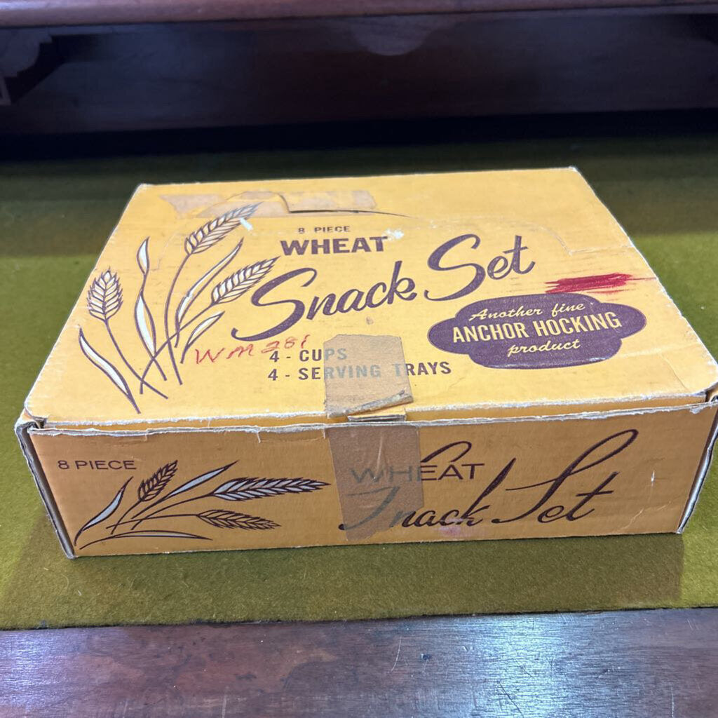 Anchor Hocking 8-Piece Wheat Snack Set in Yellow Cardboard box. c.1960s. White Milk Glass with Wheat Stalk Pattern.