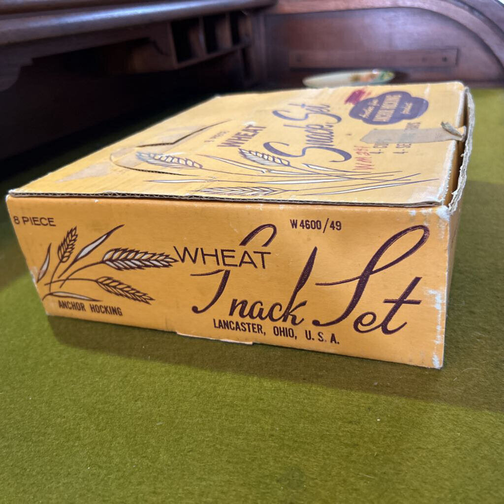Anchor Hocking 8-Piece Wheat Snack Set in Yellow Cardboard box. c.1960s. White Milk Glass with Wheat Stalk Pattern.