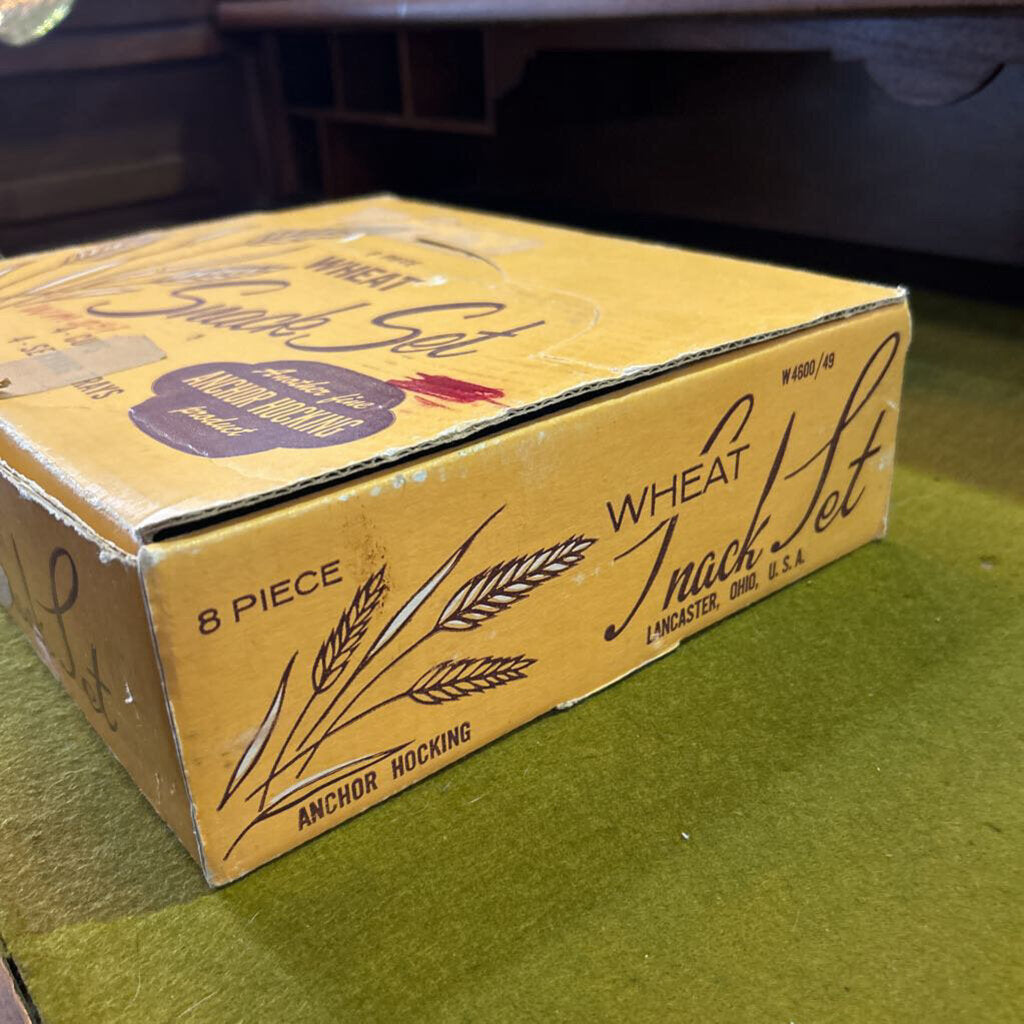 Anchor Hocking 8-Piece Wheat Snack Set in Yellow Cardboard box. c.1960s. White Milk Glass with Wheat Stalk Pattern.