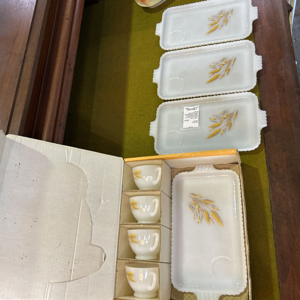 Anchor Hocking 8-Piece Wheat Snack Set in Yellow Cardboard box. c.1960s. White Milk Glass with Wheat Stalk Pattern.