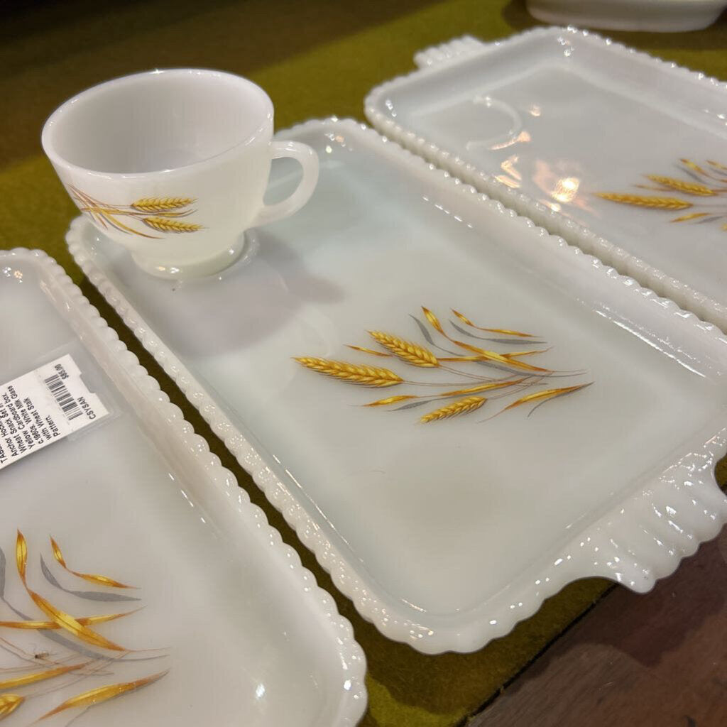 Anchor Hocking 8-Piece Wheat Snack Set in Yellow Cardboard box. c.1960s. White Milk Glass with Wheat Stalk Pattern.