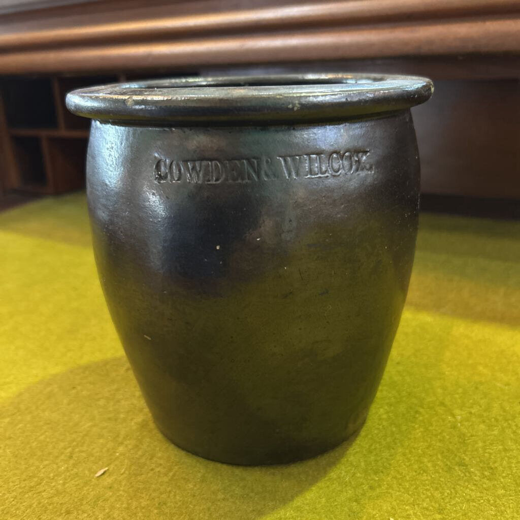Antique Crowden & Wilcox Dark Glaze Stoneware Plant Crock, Embossed Lettering, Produced between 1861-1923. *as is*