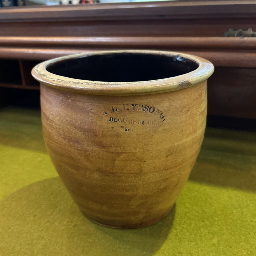 Antique mid-19th-century, Glazed stoneware plant crock, A.L.Hyssong, Bloomsburg PA. Tan Yellow.
