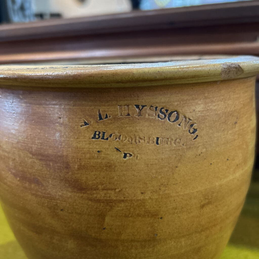 Antique mid-19th-century, Glazed stoneware plant crock, A.L.Hyssong, Bloomsburg PA. Tan Yellow.