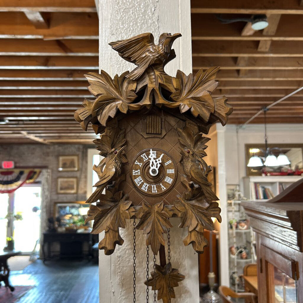 Black Forest Coo-Coo Clock. Hand carved in Germany; circa 1980-90. 8 day movement, works