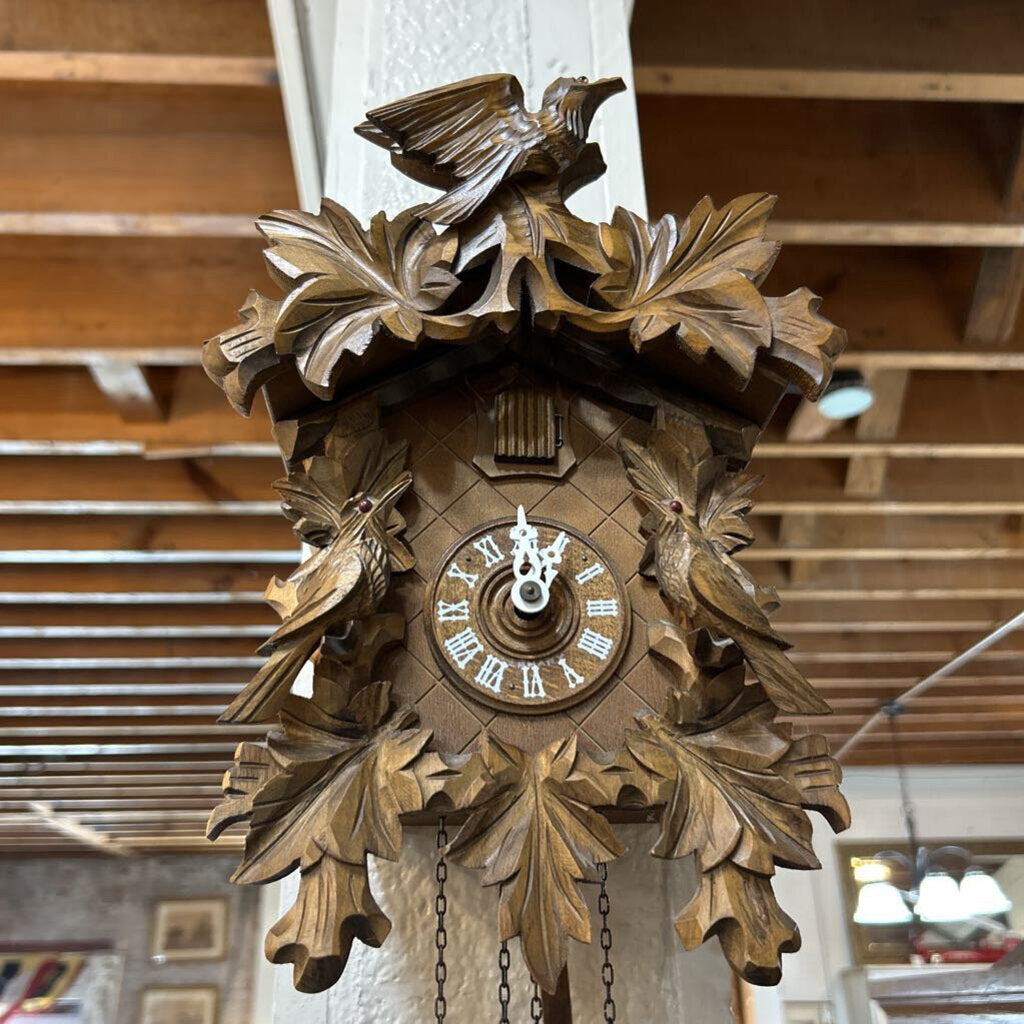 Black Forest Coo-Coo Clock. Hand carved in Germany; circa 1980-90. 8 day movement, works