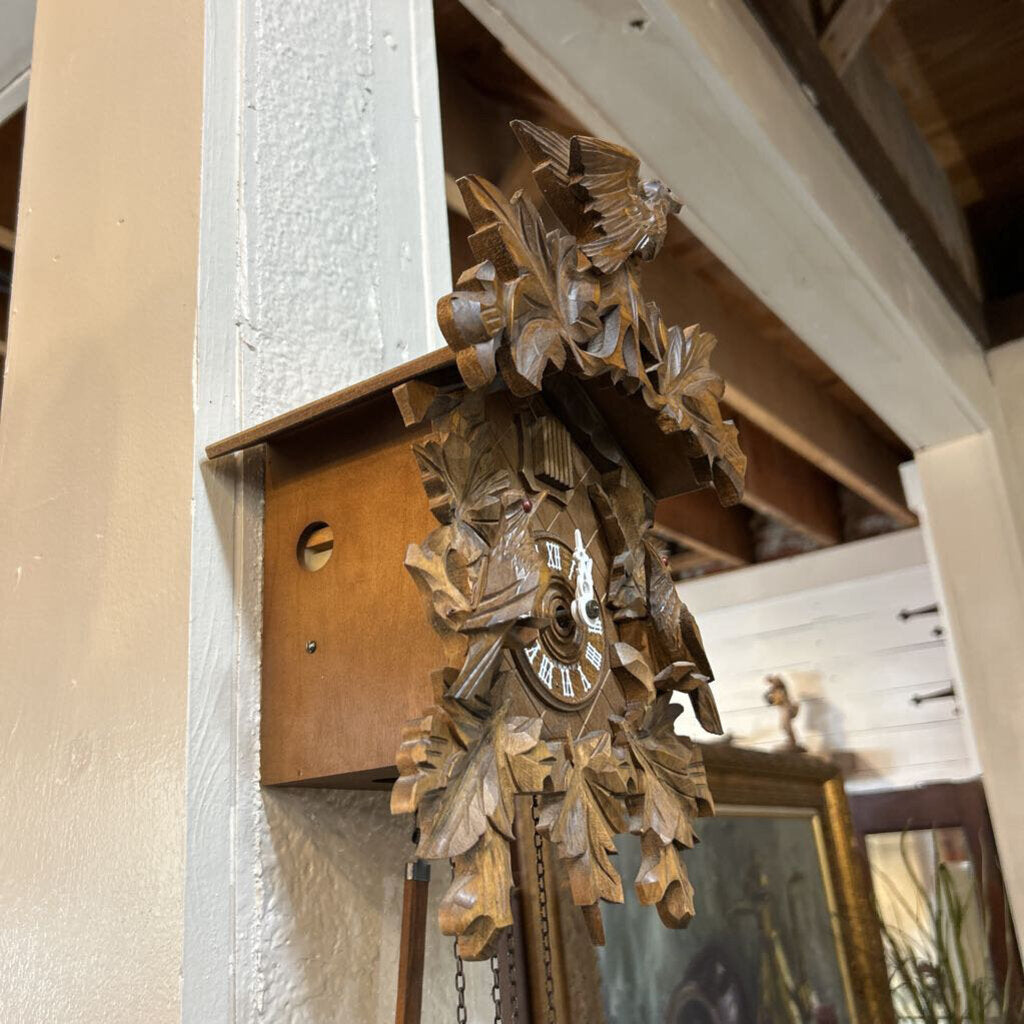 Black Forest Coo-Coo Clock. Hand carved in Germany; circa 1980-90. 8 day movement, works