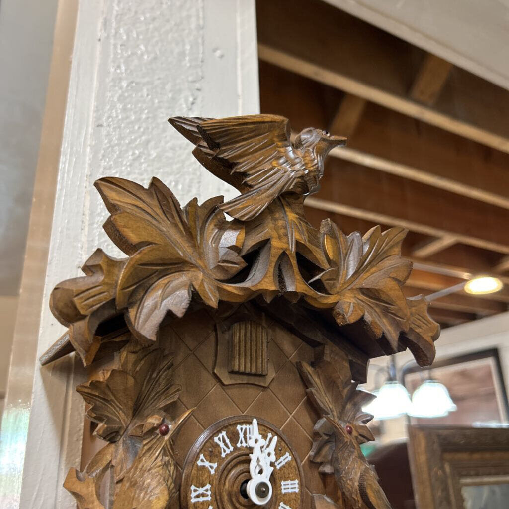 Black Forest Coo-Coo Clock. Hand carved in Germany; circa 1980-90. 8 day movement, works
