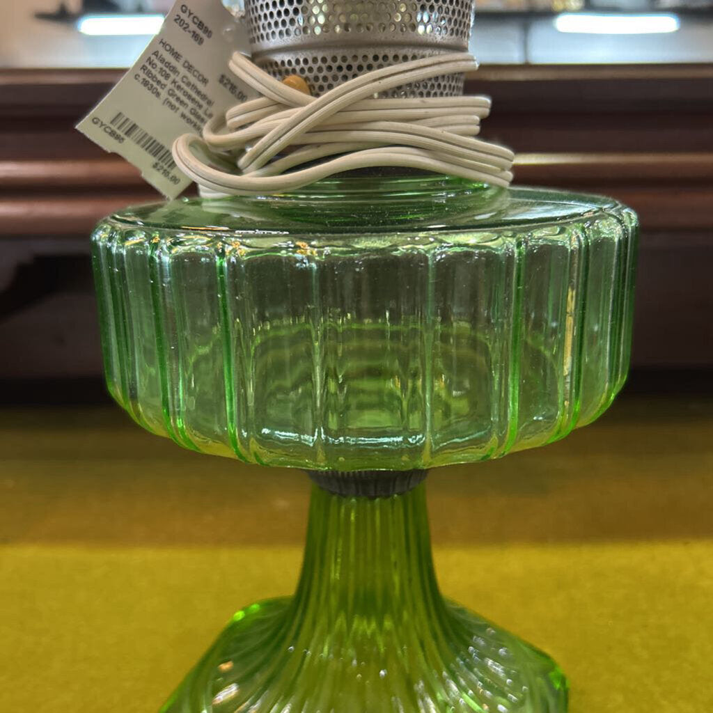 Aladdin Cathedral No.108 Kerosene Lamp, Ribbed Green Glass. c.1930s. (not working)