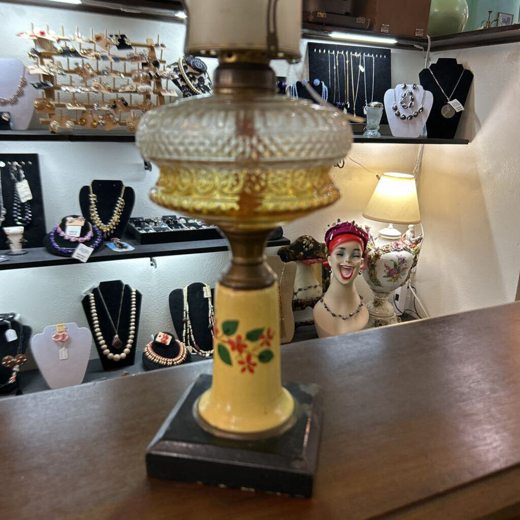 Kerosene/Oil Table Lamp, c.1900-1930, pressed amber/clear glass, painted floral base.