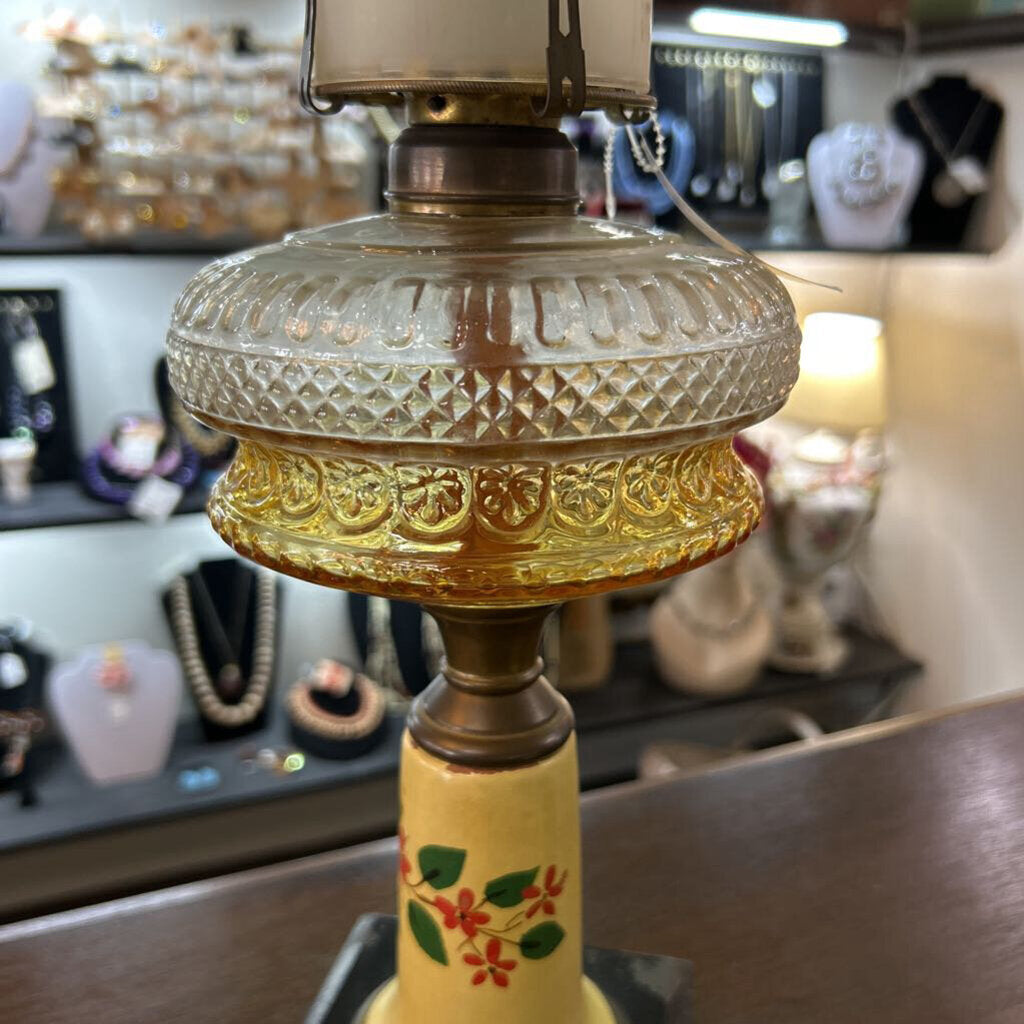 Kerosene/Oil Table Lamp, c.1900-1930, pressed amber/clear glass, painted floral base.