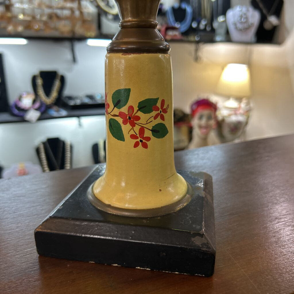 Kerosene/Oil Table Lamp, c.1900-1930, pressed amber/clear glass, painted floral base.