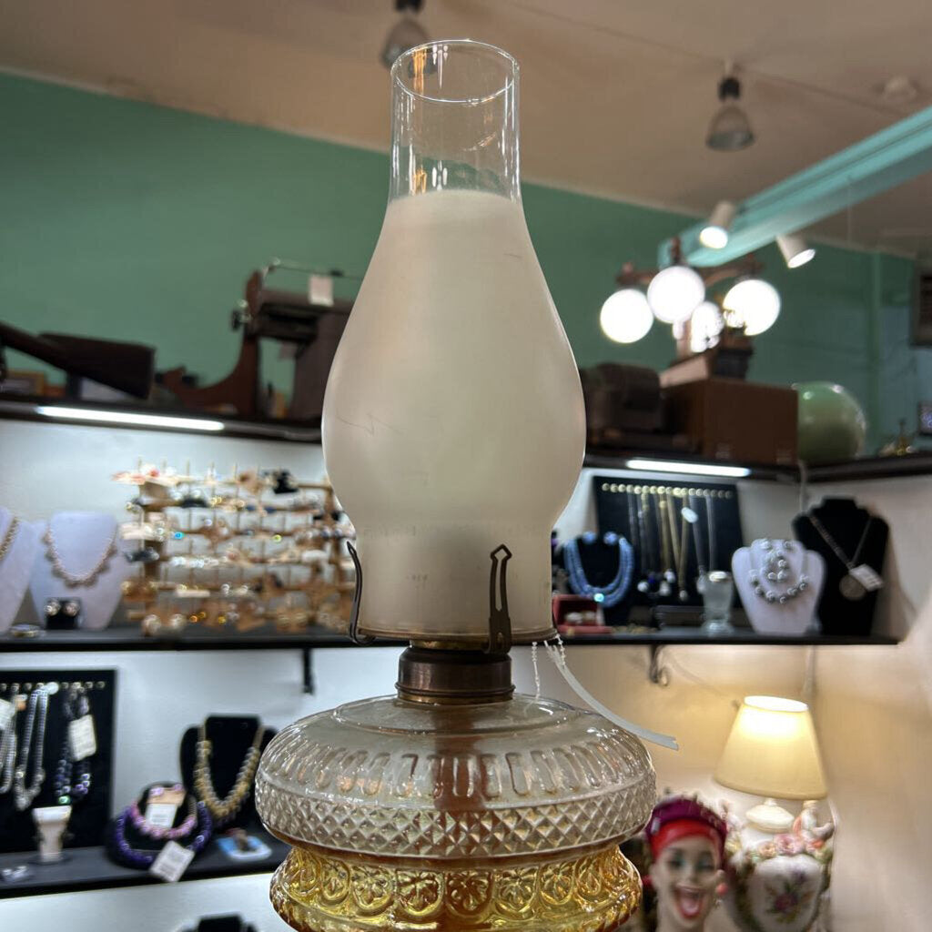 Kerosene/Oil Table Lamp, c.1900-1930, pressed amber/clear glass, painted floral base.