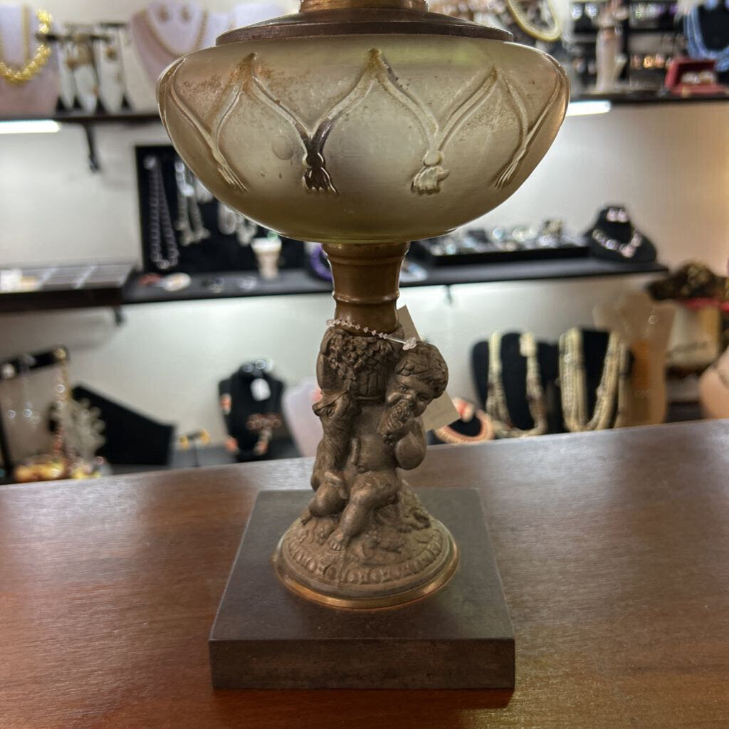 Antique Figural Kerosene Oil Lamp- Cherub/Boy with Lamb