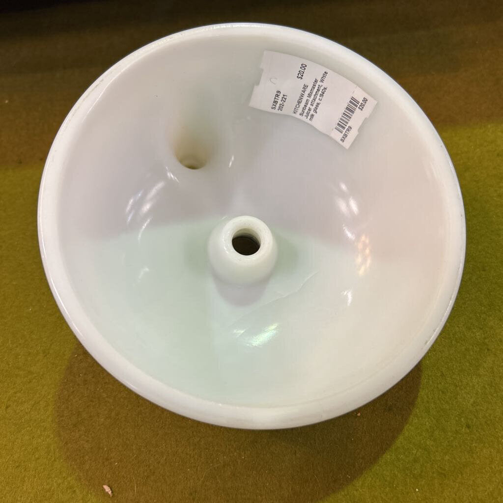 Sunbeam Mixmaster Juicer attachment, White milk glass, c.1940s.