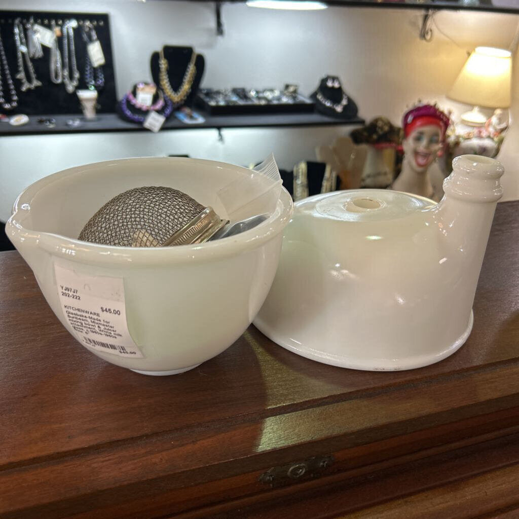 Glasbake-Made for Sunbeam, Mixmaster mixing bowl & Juicer attachment, White milk glass. c.1960s-1960s