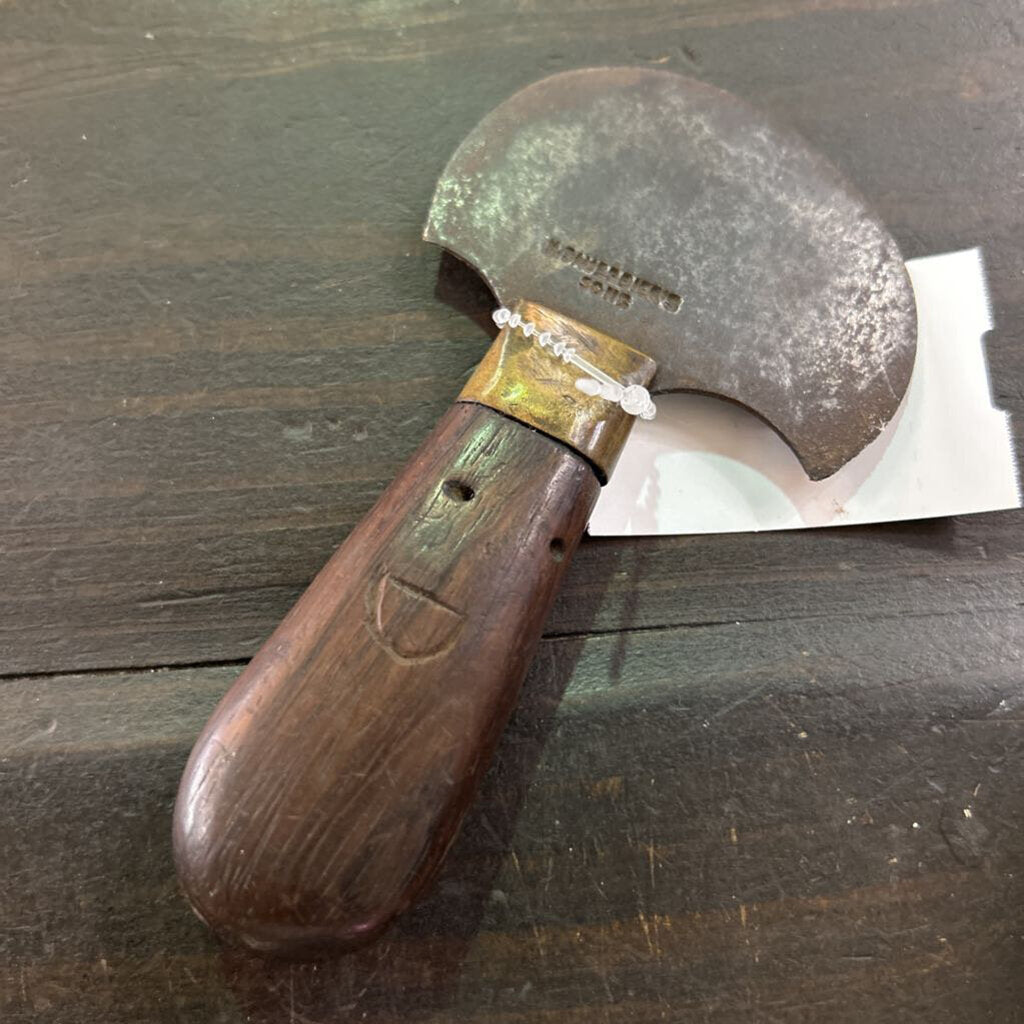H.Sauerbier's Sons, Round Knife, All in one Cutting tool for leathercraft. c.1875-1887. Hand-forged Carbon Steel, Cast Brass, Rosewood.
