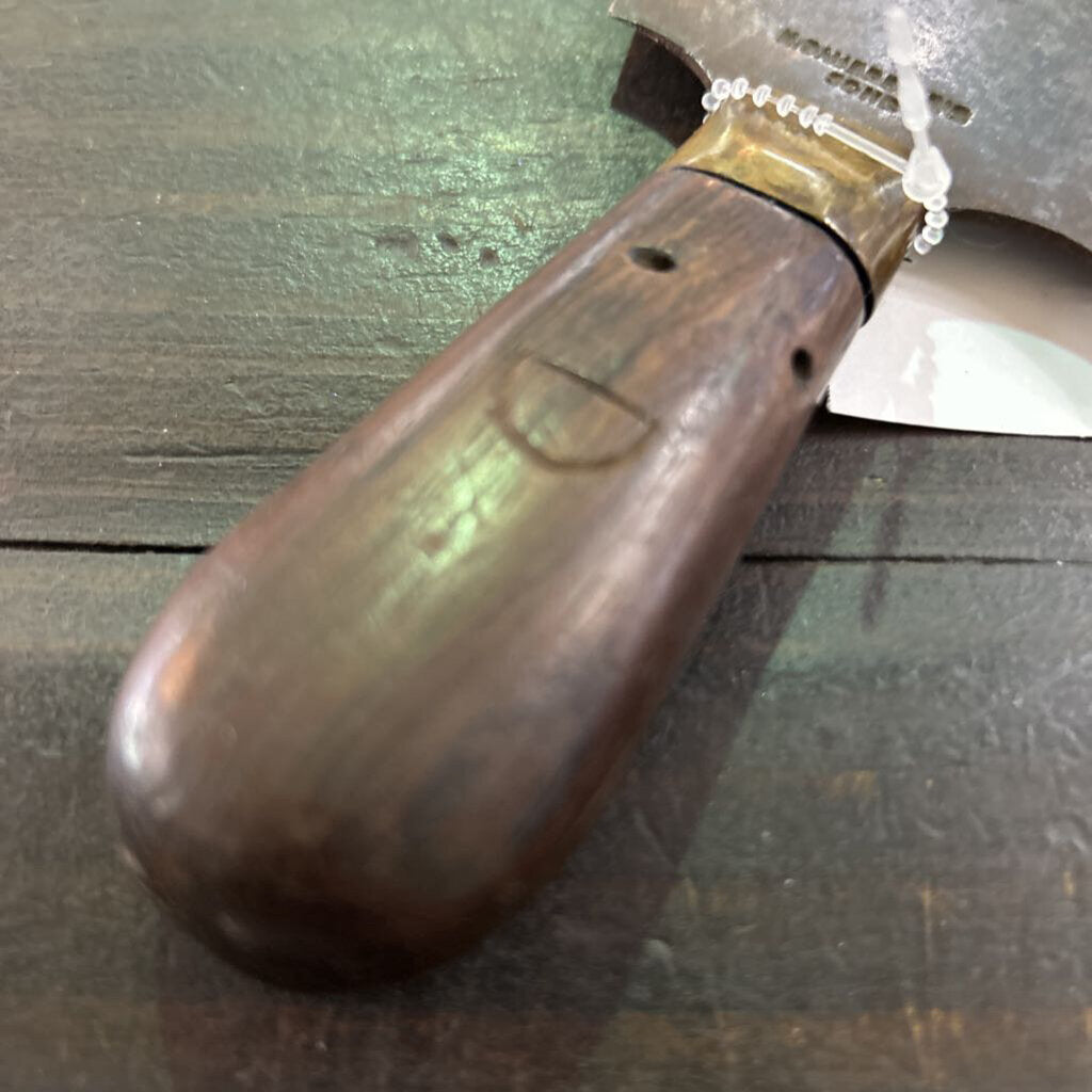 H.Sauerbier's Sons, Round Knife, All in one Cutting tool for leathercraft. c.1875-1887. Hand-forged Carbon Steel, Cast Brass, Rosewood.